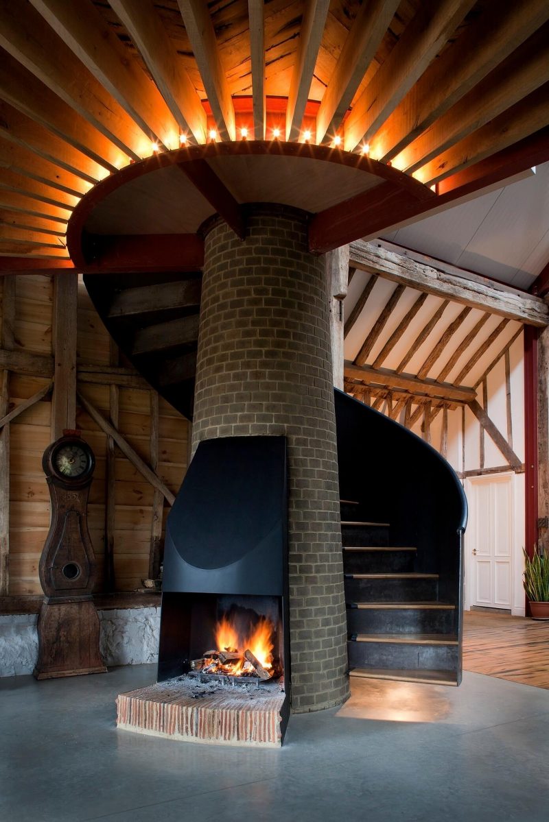 Fireplace with spiral staircase