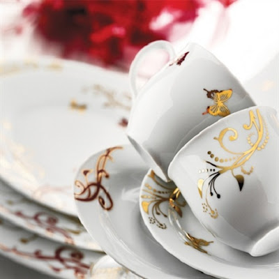 burgundy yellow gilded dinner set