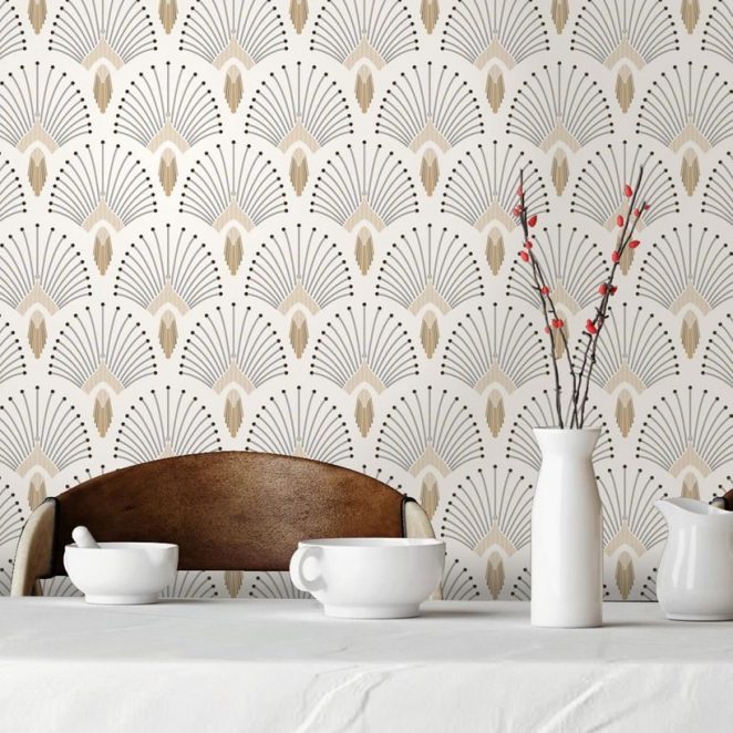 This Art Deco pattern in beige would pair wonderfully with flea market-style decor in a living room or dining room.