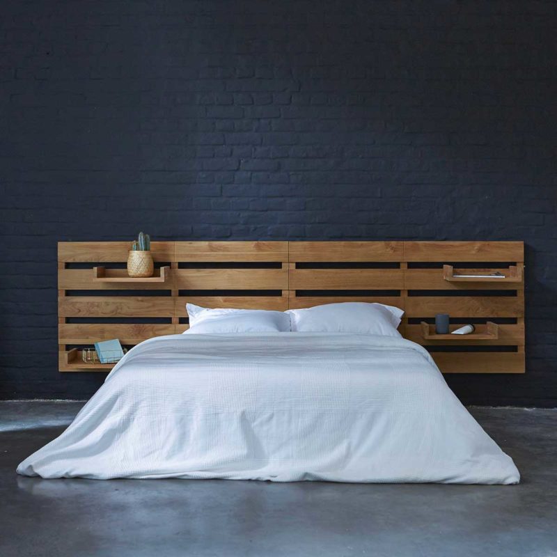 Teak headboard with modular shelves