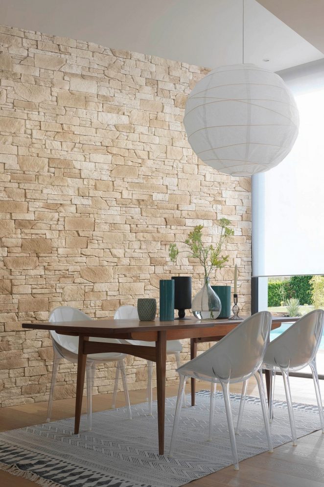 Imitation stone cladding adds authenticity to the dining room