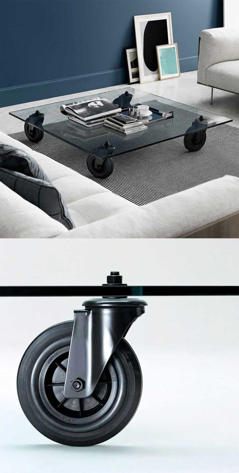 Square glass coffee table on wheels 