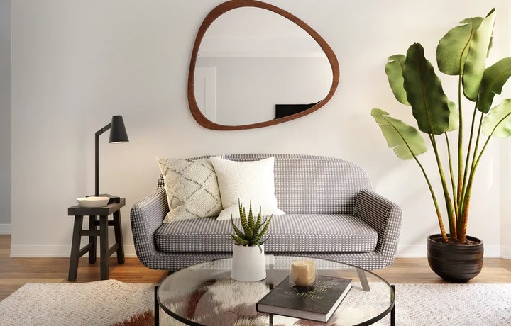 irregular-wall-mirror-behind-sofa