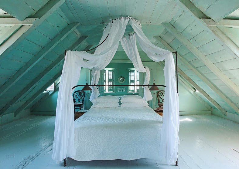 Bed Canopy in Bedroom Interior Photo Ideas. Beautiful loft bedroom design with tulle over king size bed