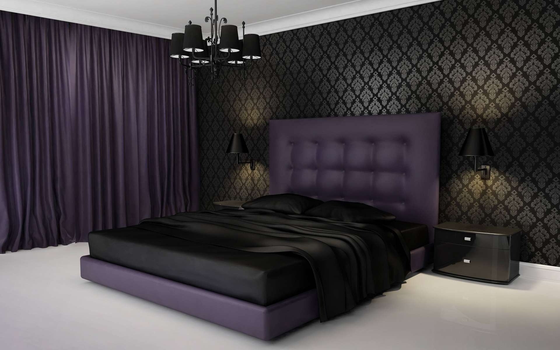 Decorating Ideas for Dark Bedroom Walls. Purple quilted headboard and curtains for classic bedroom with black screen print wallpaper 