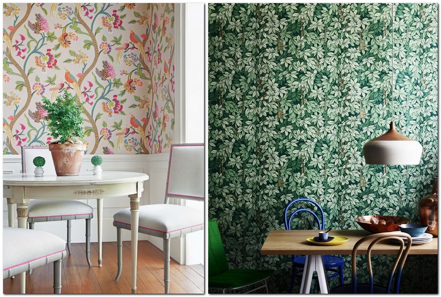 7-kitchen-wall-covering-ideas-in-interior-design-bird-motifs-floral-print-organic-green-leaves-wood-panels-white-panels-table-dining-chairs