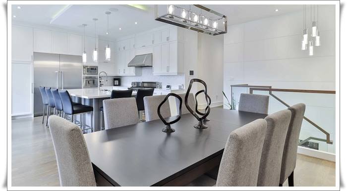 Kitchen with large table and island