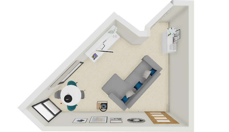 Illustration sofa in living room with irregular floor plan